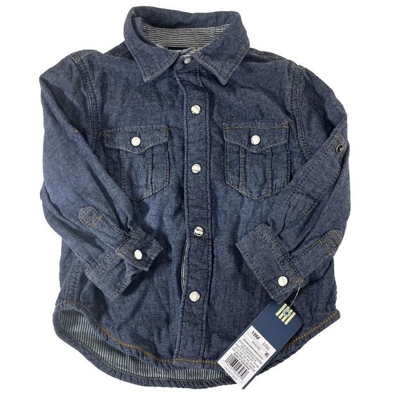 NWT Oshkosh Genuine toddler Blue Denim Jeans Snap Button up Boys Shirt Size 18M - Picture 1 of 7